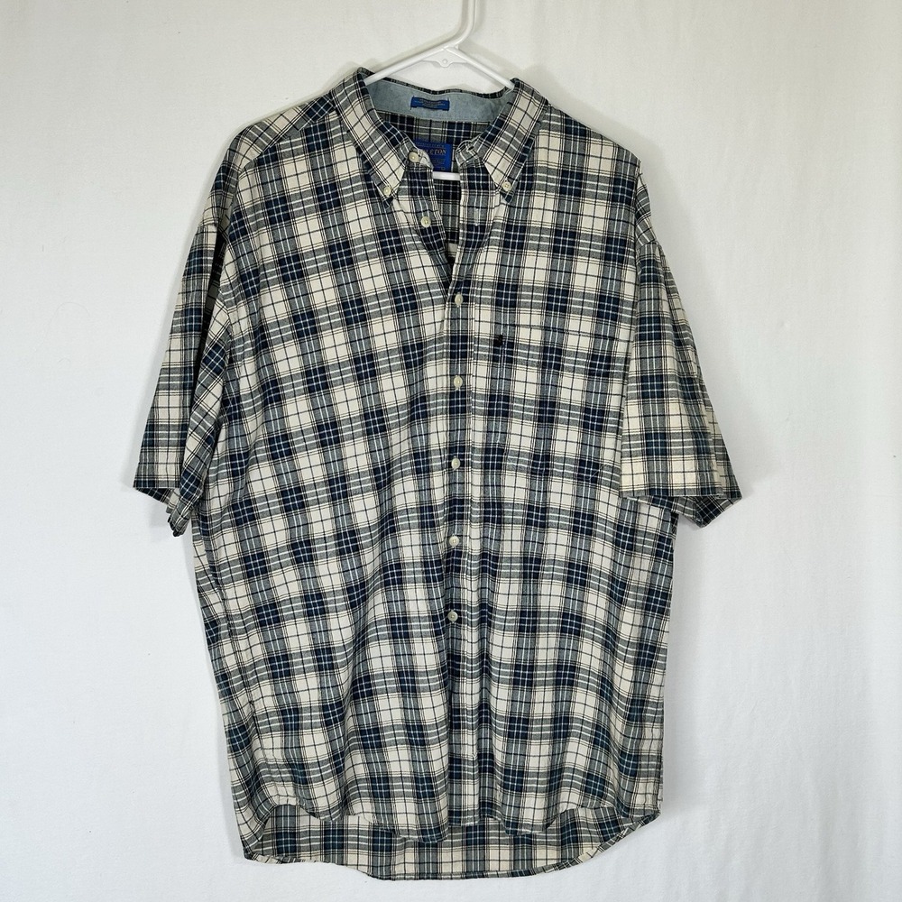 Pendleton Mens Short Sleeve Plaid Button Down Shirt Blue Tan White Size Large